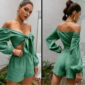 Green Off-Shoulder Tie-Front Romper
